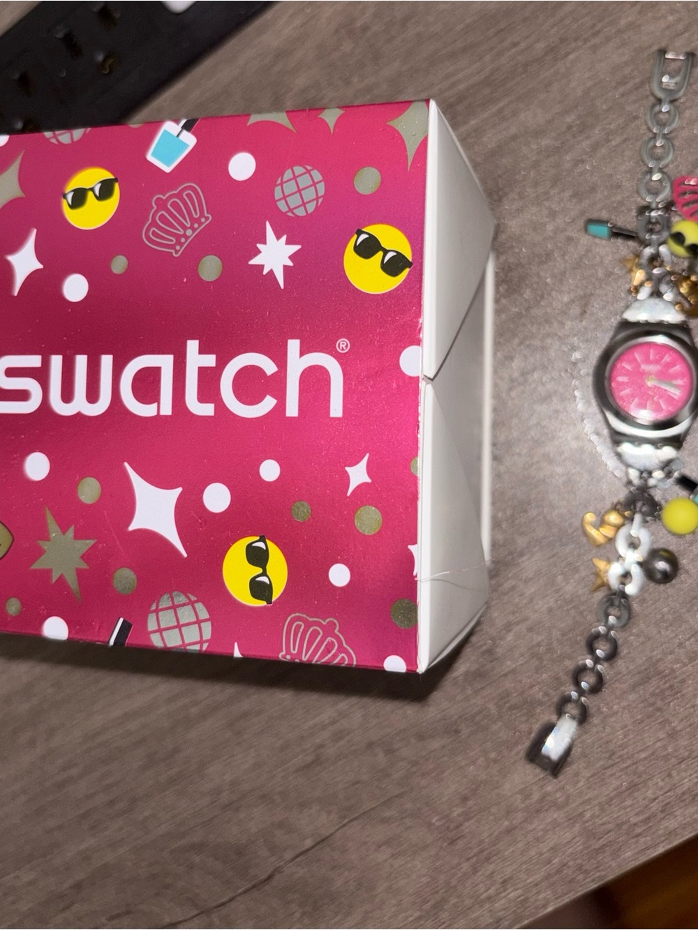 Swatch Silver Charm Bracelet Watch with Pink Dial